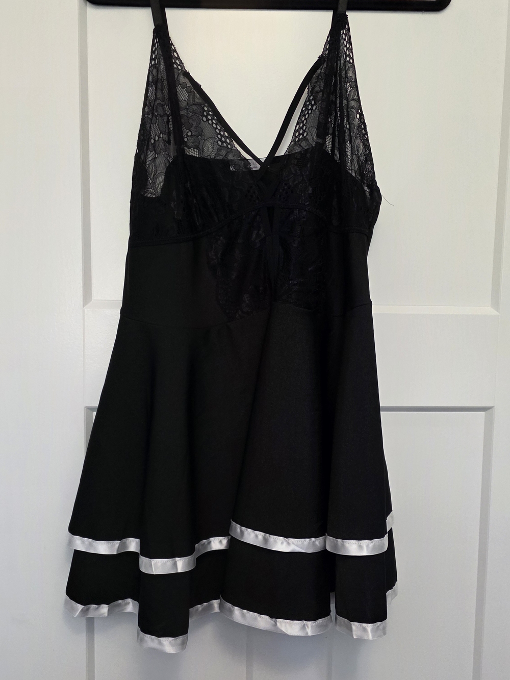 3X Black Lace Satin Trim Negligee Chemise Lingerie- Women Intimates